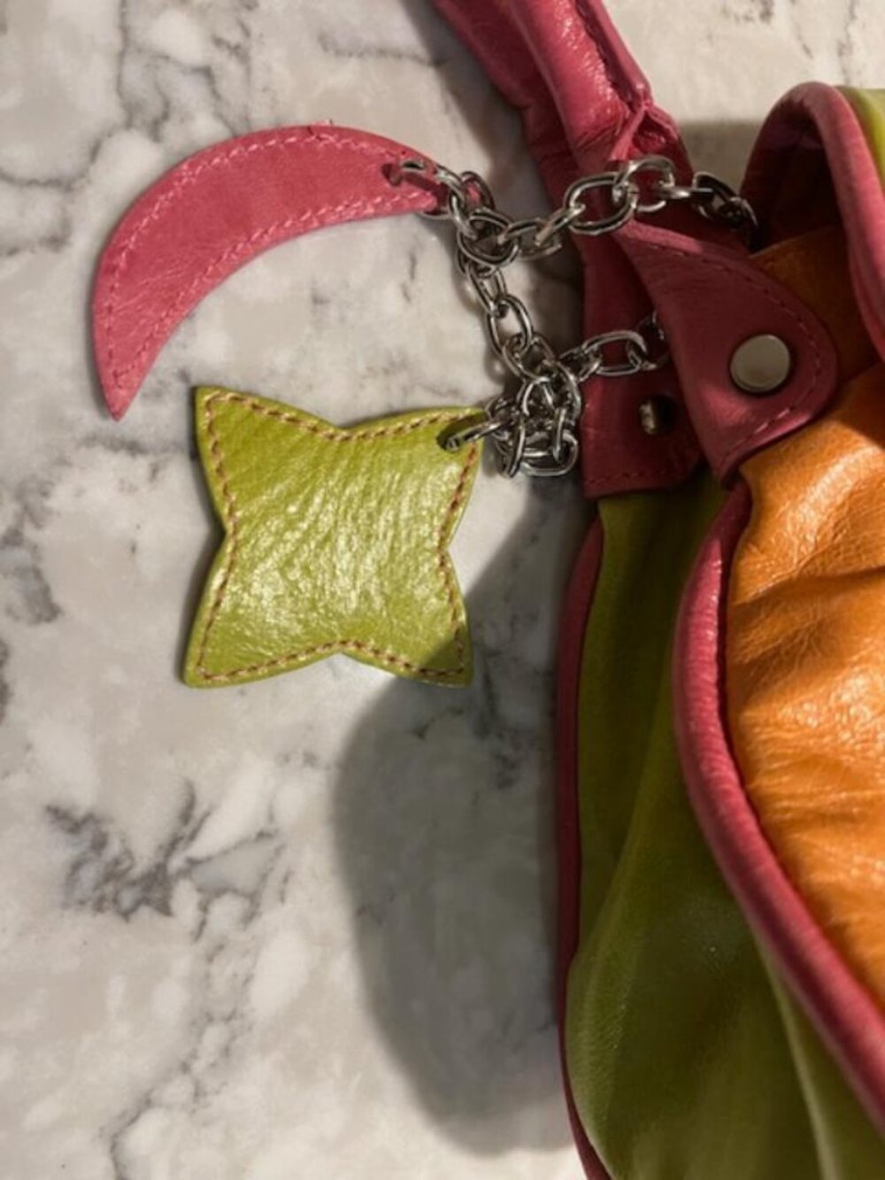 Claudia Firenze Pink & Lime Leather Handbag made in Italy w/Charms/New Vintage - Picture 6 of 6
